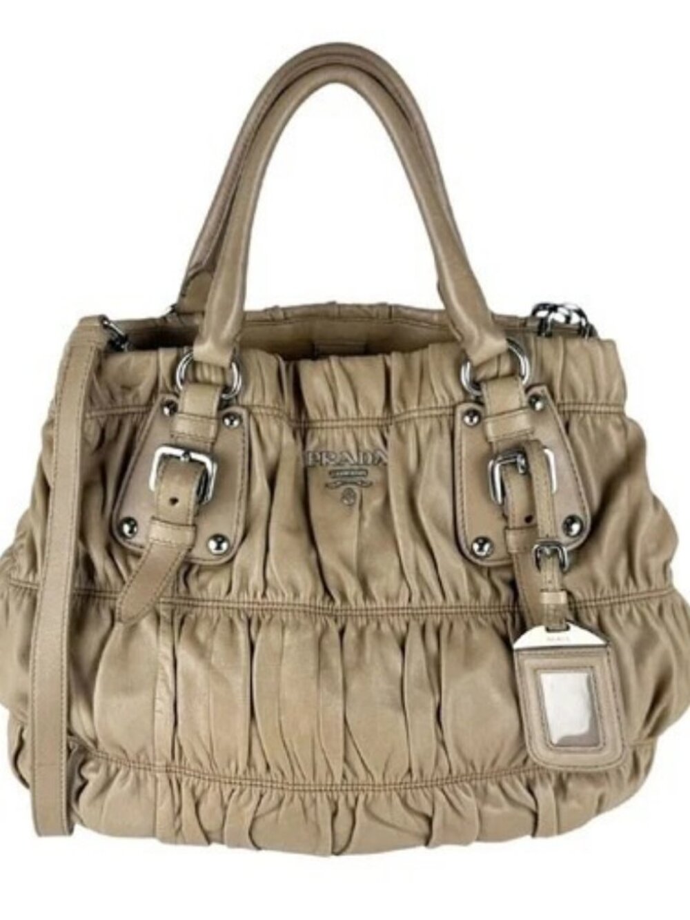 Auth PRADA Shoulder Bag Handbag Beige Leather/Silvetone - z10728